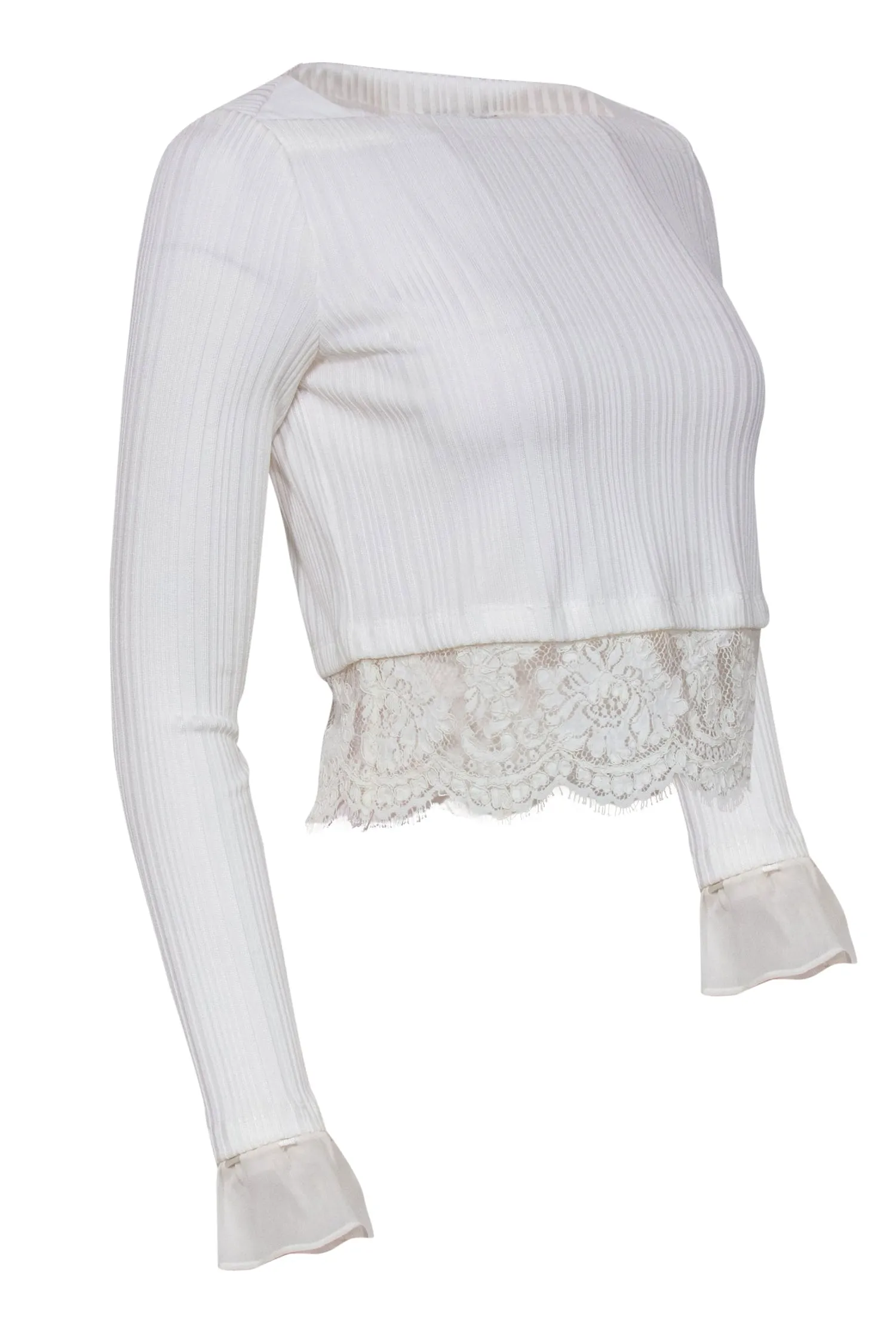 3.1 Phillip Lim - White Ribbed Cropped Blouse w/ Lace & Organza Trim Sz S