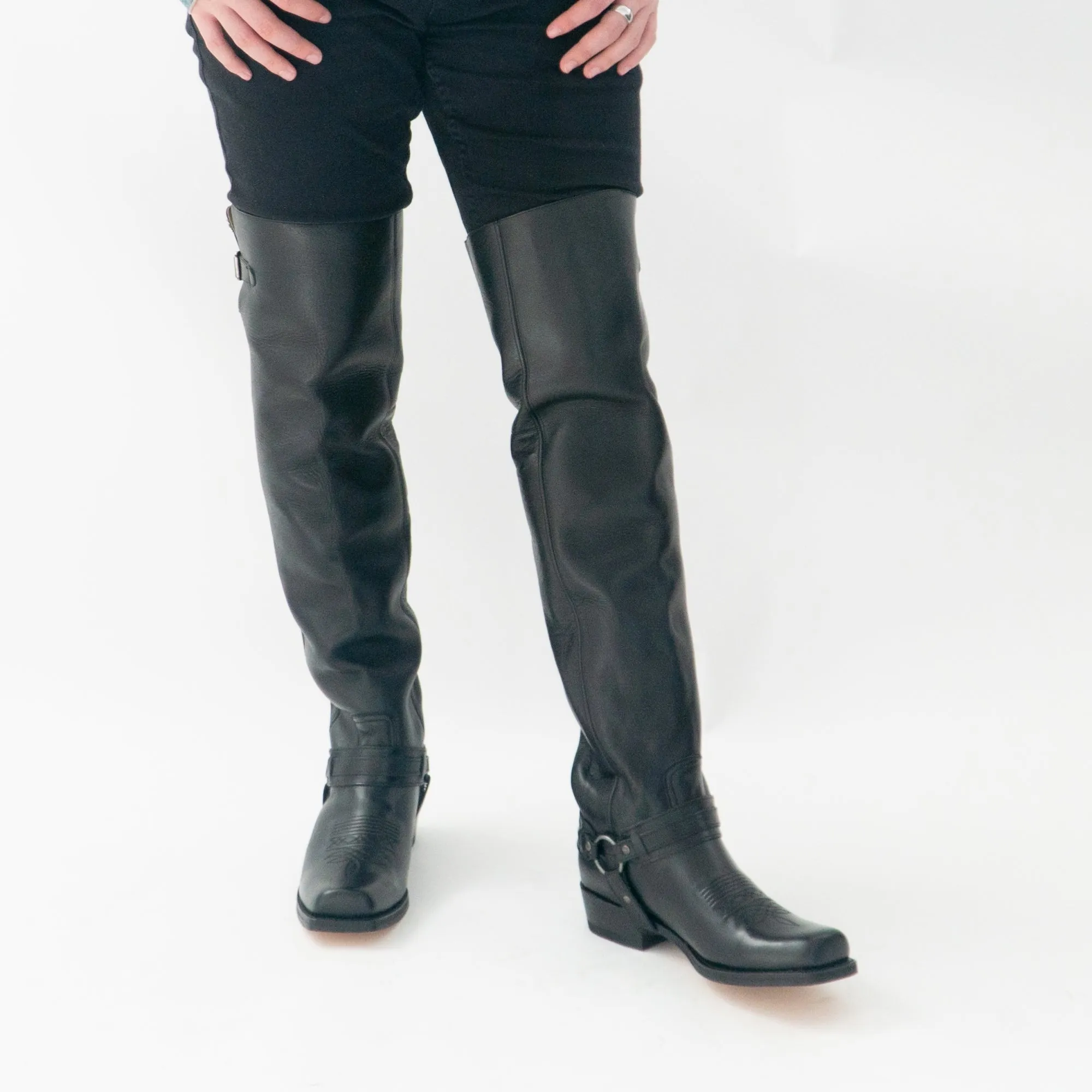 7977 Mens Leather Thigh High Square Toe Boots Pull Oil Con Arnes