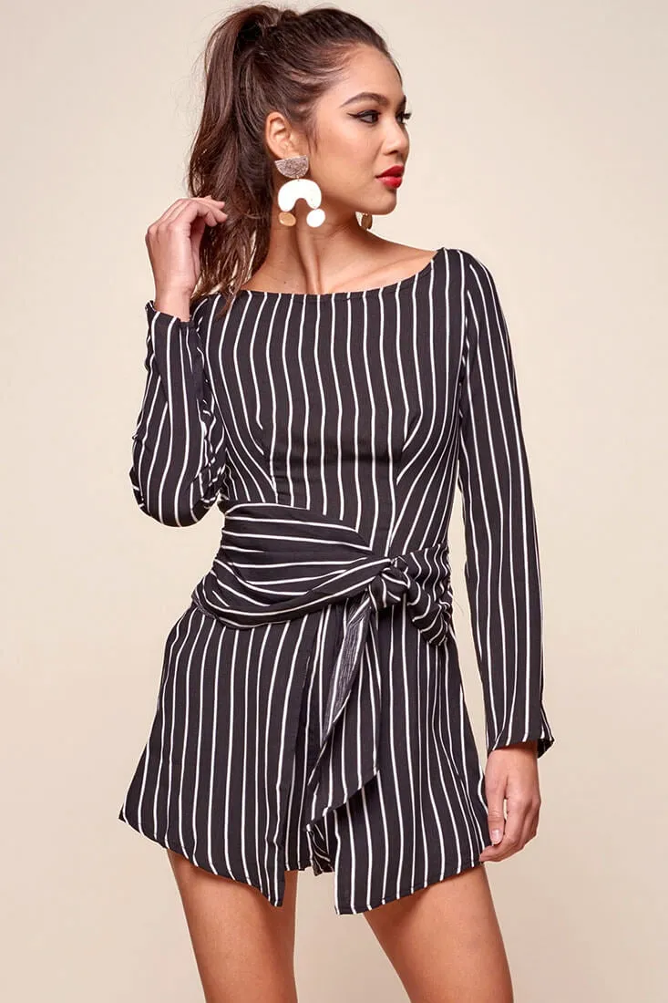 Abbey Waist Tie Pinstripe Romper Black & White