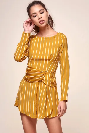 Abbey Waist Tie Pinstripe Romper Mustard & White