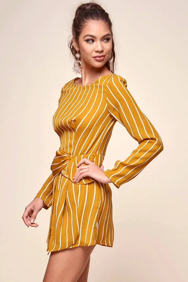 Abbey Waist Tie Pinstripe Romper Mustard & White