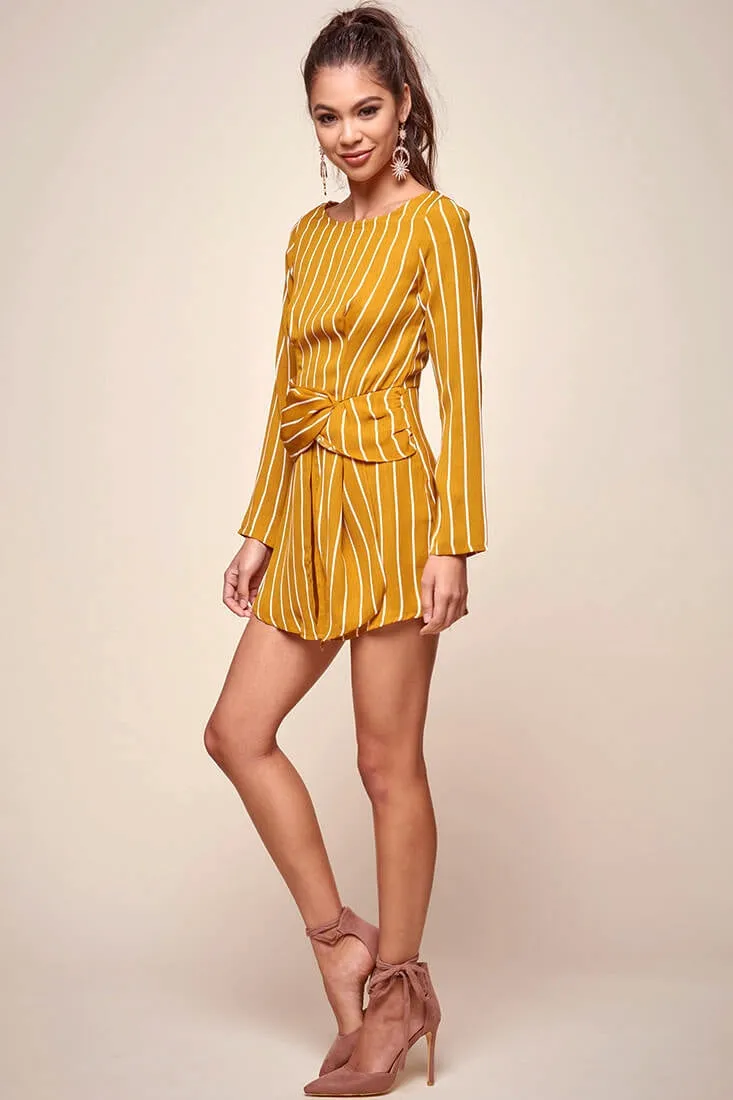 Abbey Waist Tie Pinstripe Romper Mustard & White