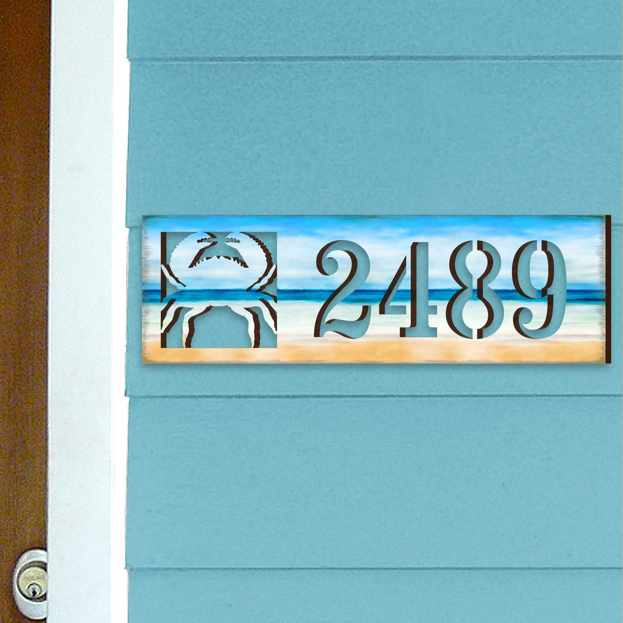 Address Sign - Beach House Numbers - Custom Coastal Door Number Sign - Crab Wooden Cottage Number Plaque - Nautical Home Sign MA989809