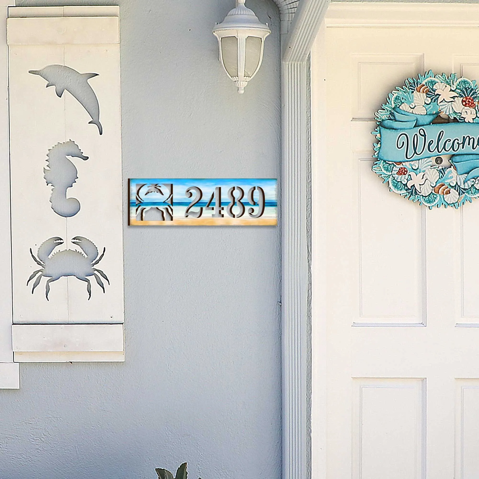 Address Sign - Beach House Numbers - Custom Coastal Door Number Sign - Crab Wooden Cottage Number Plaque - Nautical Home Sign MA989809