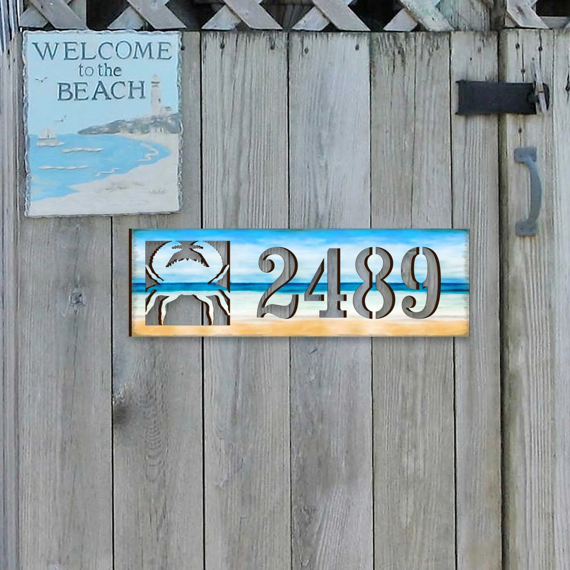 Address Sign - Beach House Numbers - Custom Coastal Door Number Sign - Crab Wooden Cottage Number Plaque - Nautical Home Sign MA989809