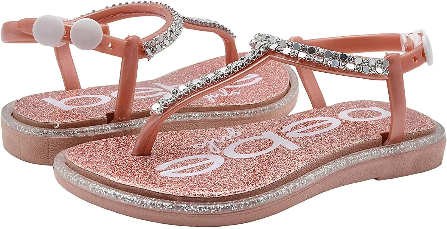 bebe Girls Toddler Baby Little Kid PCU Rhinestone T-Strap Slide Sandal with Sparkly Glitter Footbed and Adjustable Back Strap