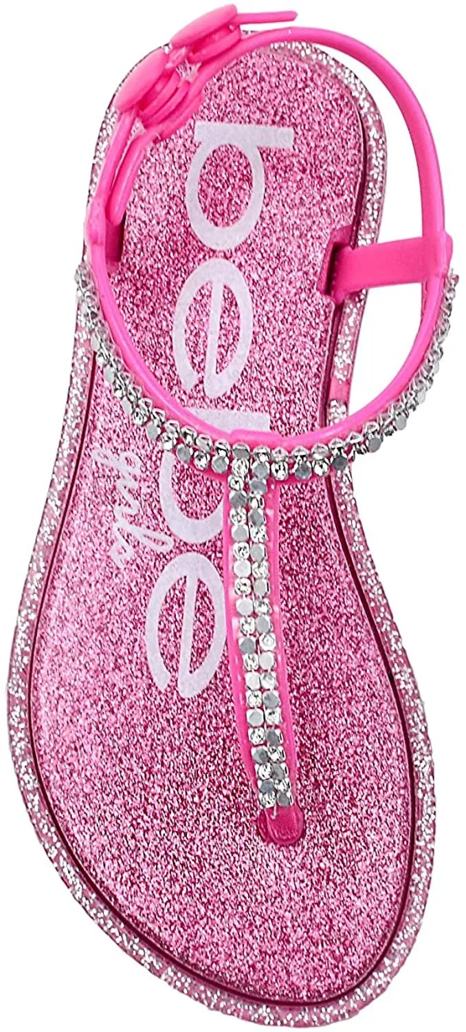 bebe Girls Toddler Baby Little Kid PCU Rhinestone T-Strap Slide Sandal with Sparkly Glitter Footbed and Adjustable Back Strap