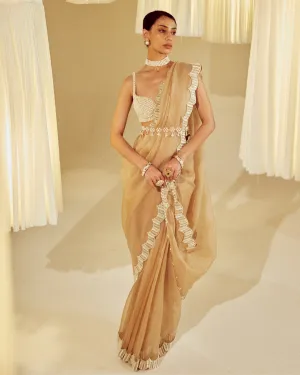 Beige Pearl Embellished Sari Set