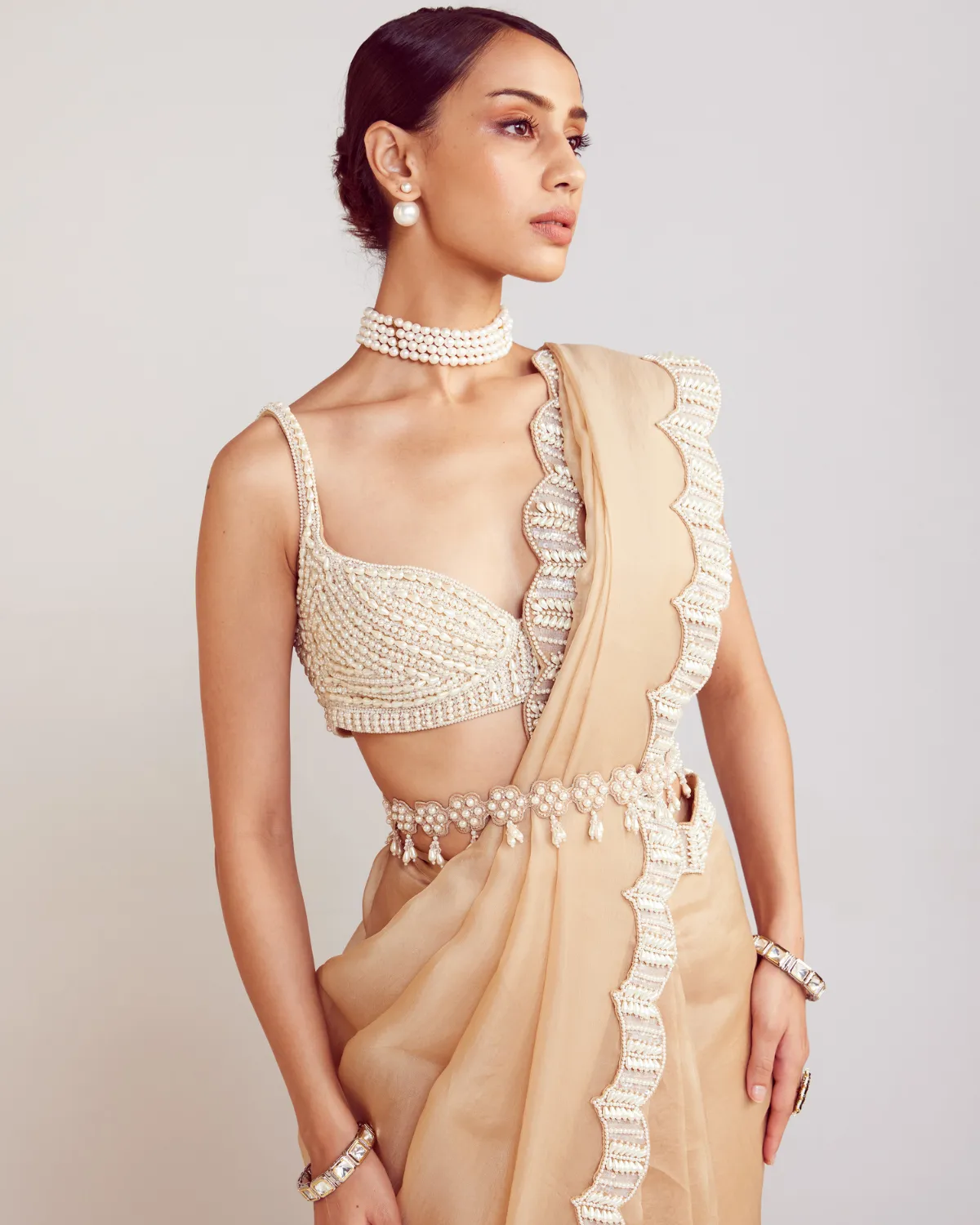 Beige Pearl Embellished Sari Set