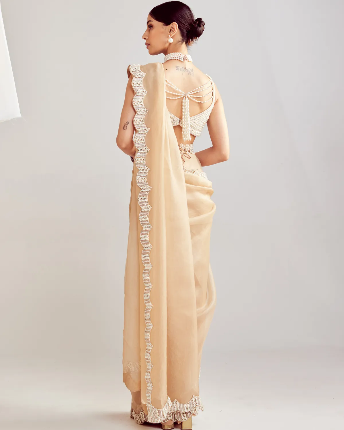 Beige Pearl Embellished Sari Set