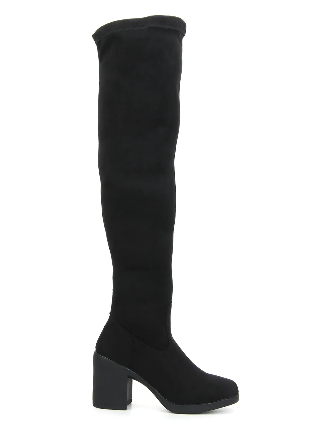 Black Microfibre Block Heel Long Boots