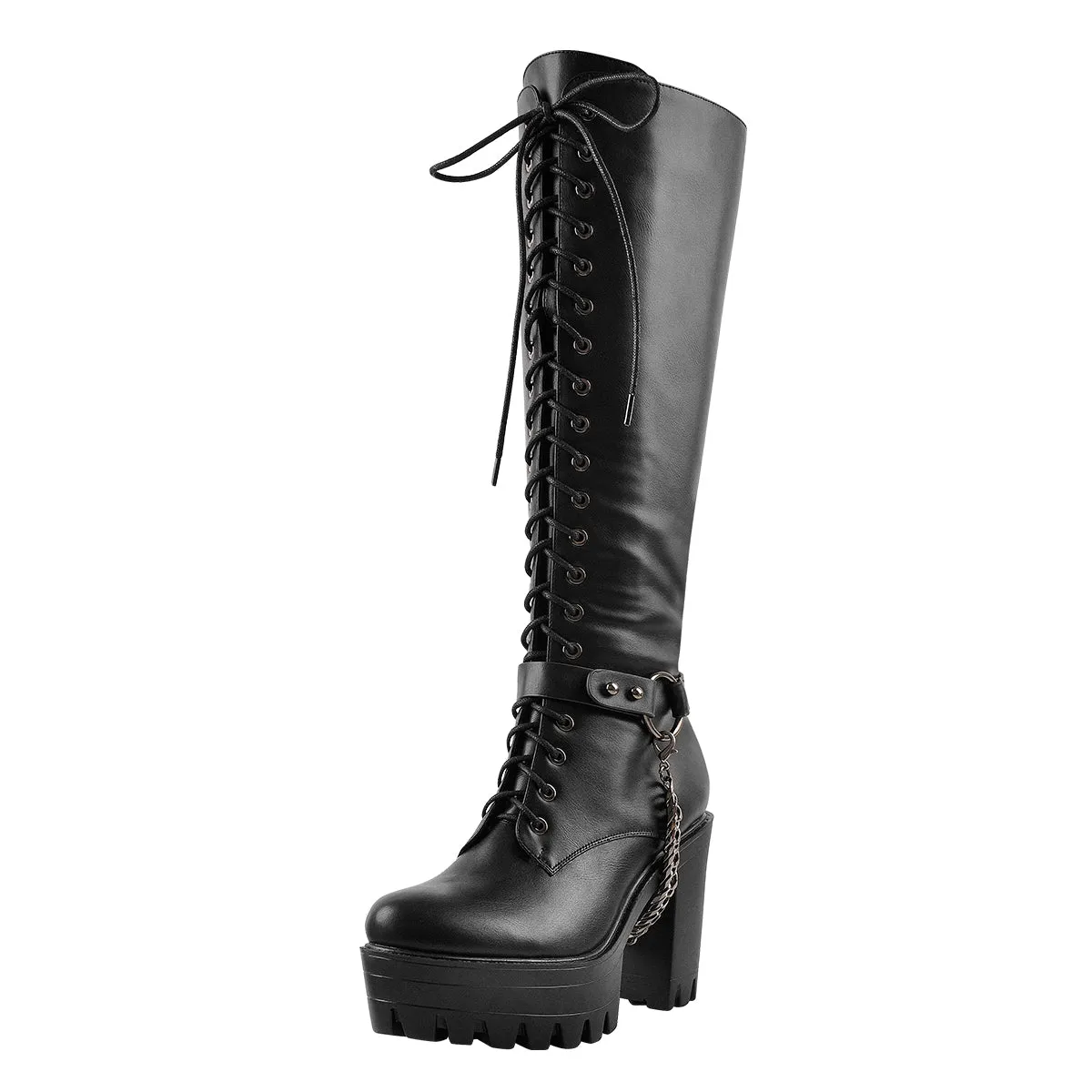 Black Platform Knee High Chunky Heel Boots