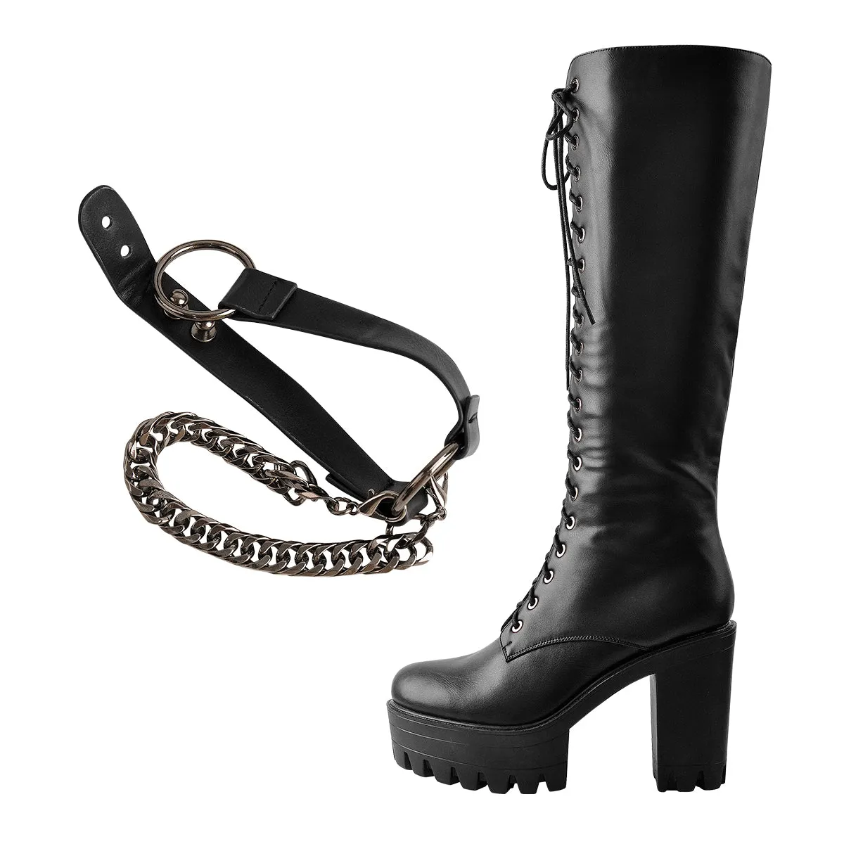 Black Platform Knee High Chunky Heel Boots