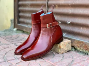 Elegant Handmade Men's Burgundy Leather Jodhpur Strap Boots, Men Ankle Boots, Men Fashion Boots