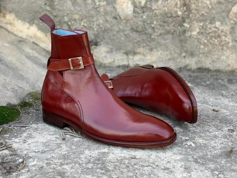 Elegant Handmade Men's Burgundy Leather Jodhpur Strap Boots, Men Ankle Boots, Men Fashion Boots