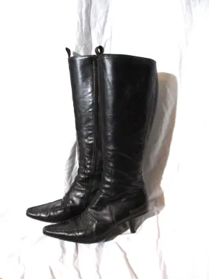 GOFFREDO FANTINI Leather Knee High Tall BOOT 39 Pointy Toe Stitch Black