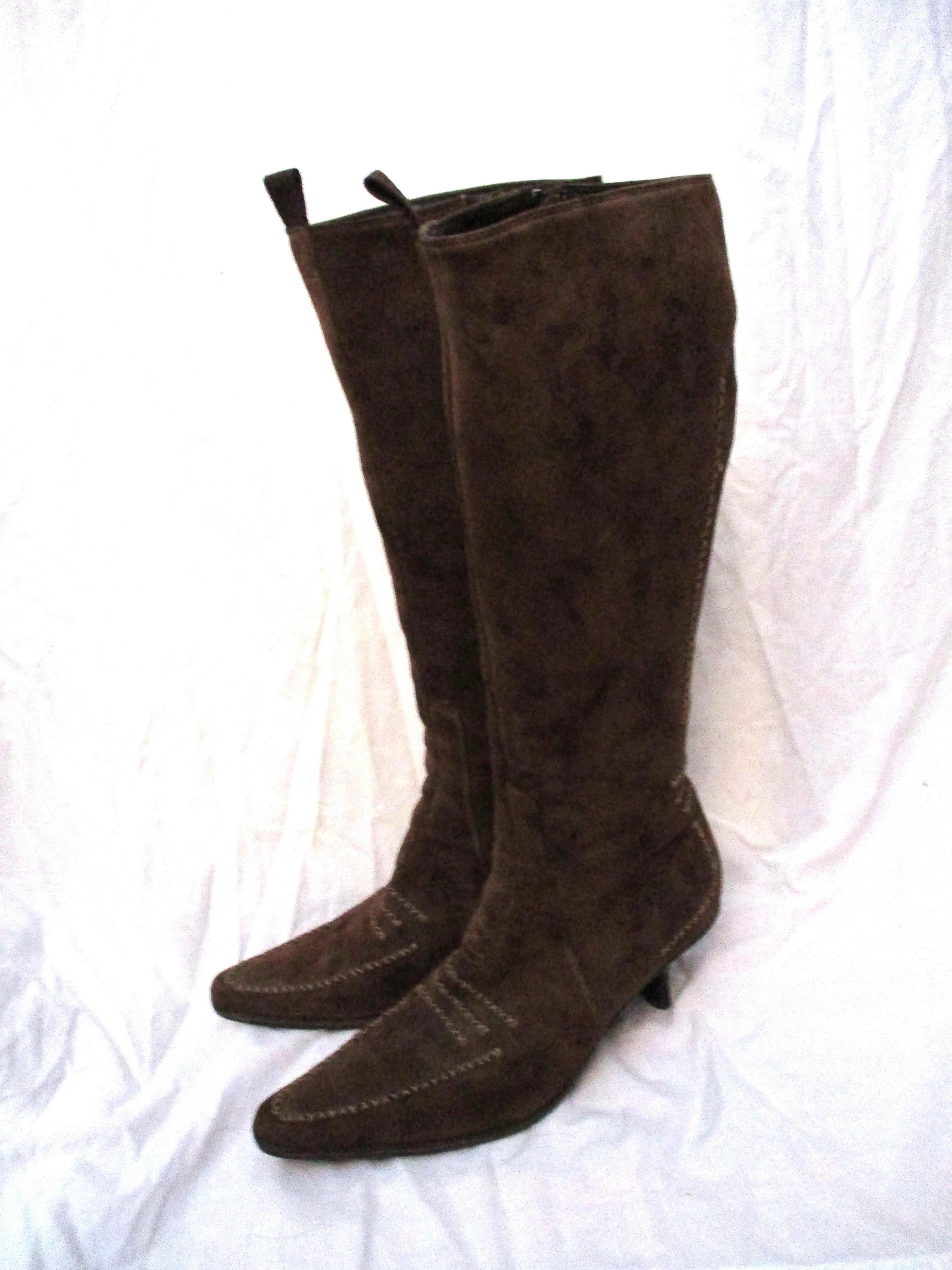 GOFFREDO FANTINI Leather Knee High Tall BOOT 39.5 Pointy Toe Stitch BROWN