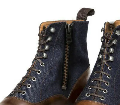 Handmade Ankle High Leather & Denim Boots, Men Dress Formal casual Boots