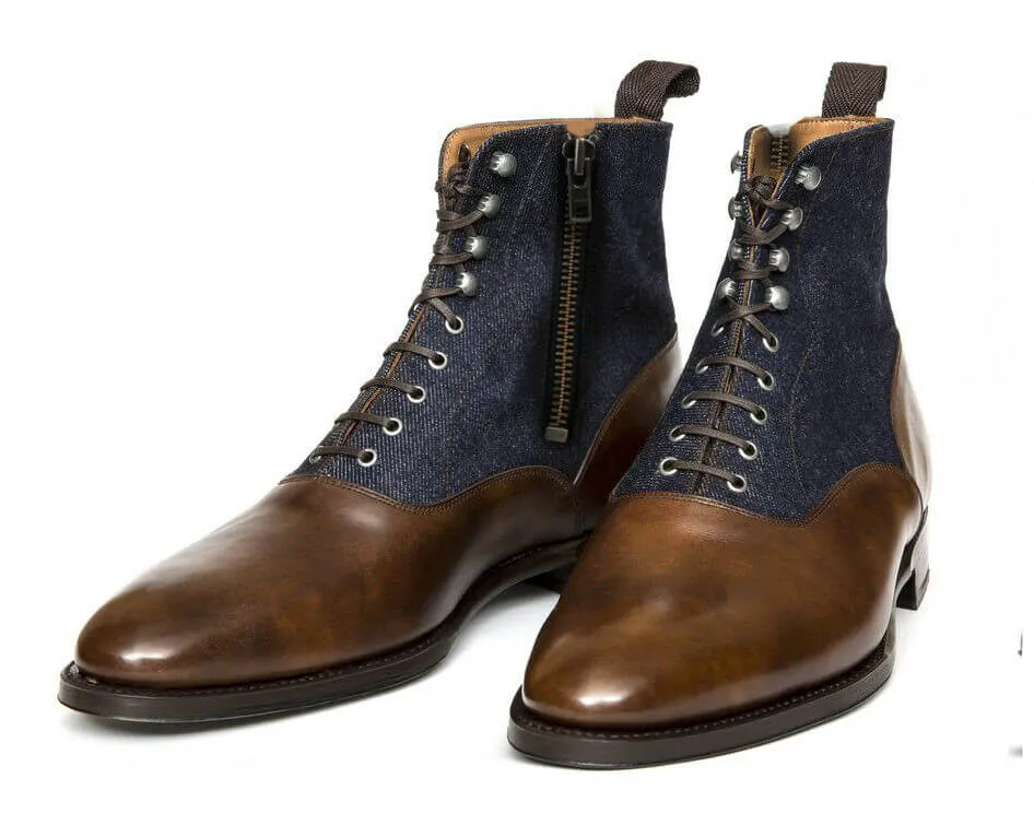 Handmade Ankle High Leather & Denim Boots, Men Dress Formal casual Boots