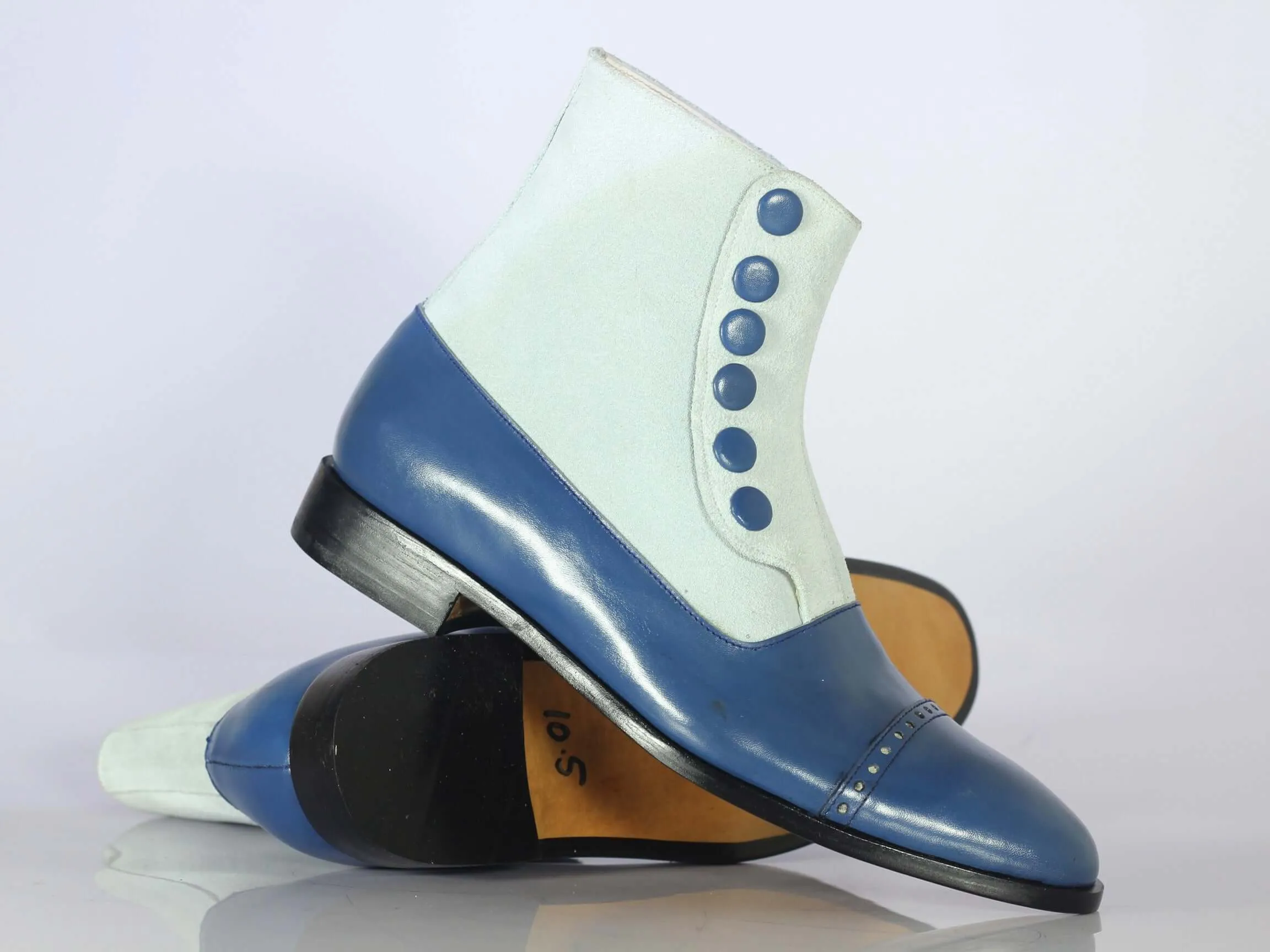 Handmade Ankle High White Blue Cap Toe Boots, Men Leather Suede Button Top Boots