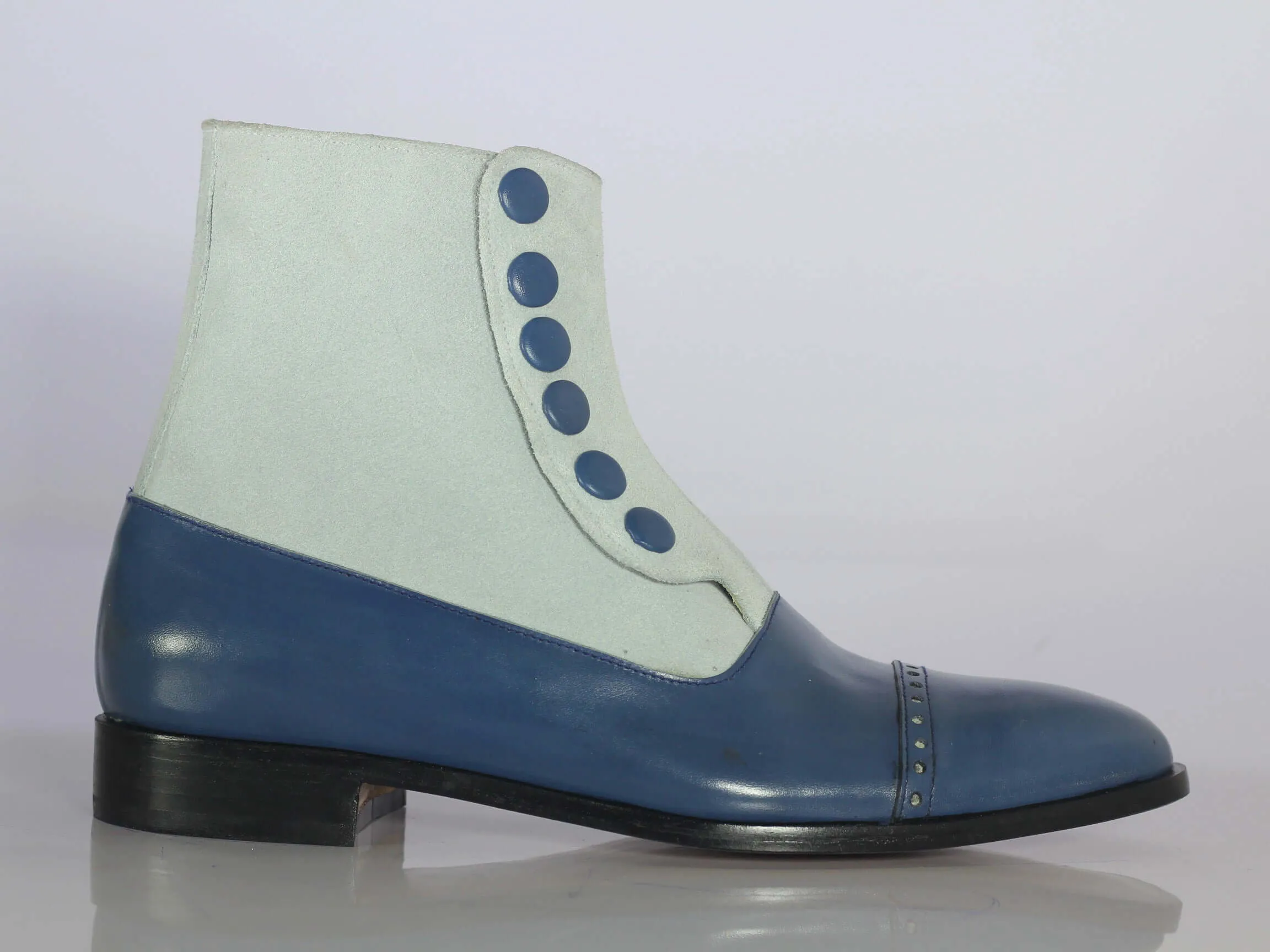 Handmade Ankle High White Blue Cap Toe Boots, Men Leather Suede Button Top Boots