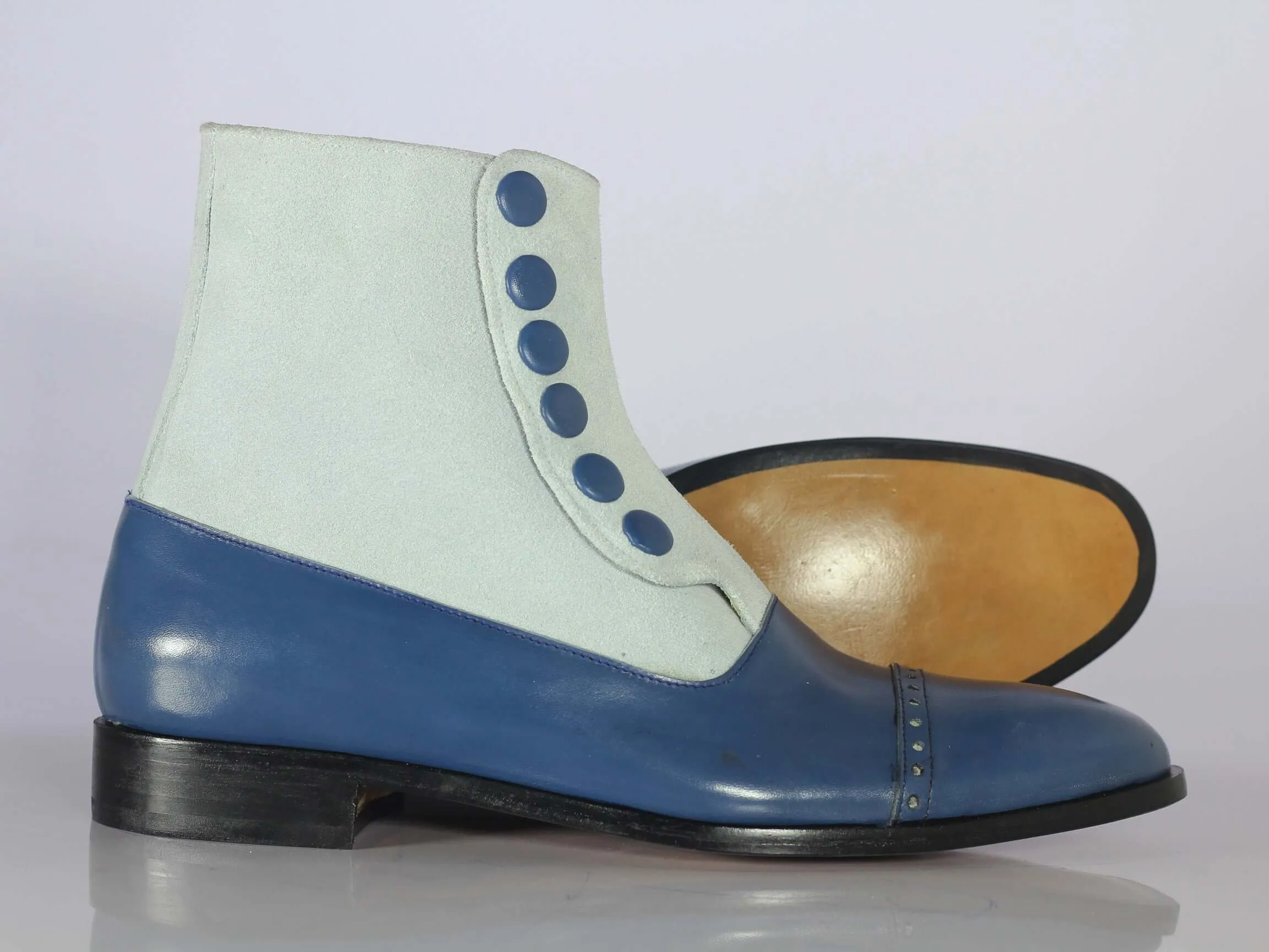 Handmade Ankle High White Blue Cap Toe Boots, Men Leather Suede Button Top Boots