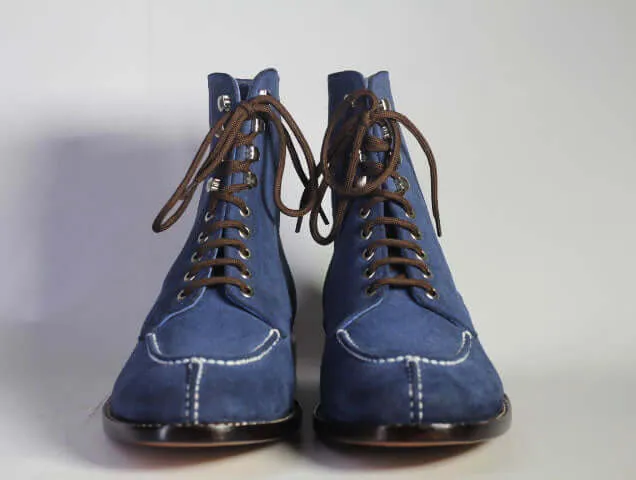 Handmade Men Blue Split Toe Suede Ankle Boots, Men Lace Up Designer Fashion Boots