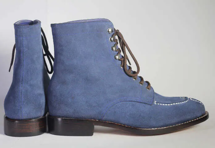 Handmade Men Blue Split Toe Suede Ankle Boots, Men Lace Up Designer Fashion Boots