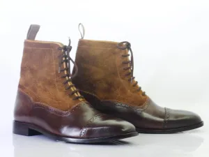 Handmade Men's Ankle High Brown Cap Toe Boots, Men Leather Suede Lace Up Boots