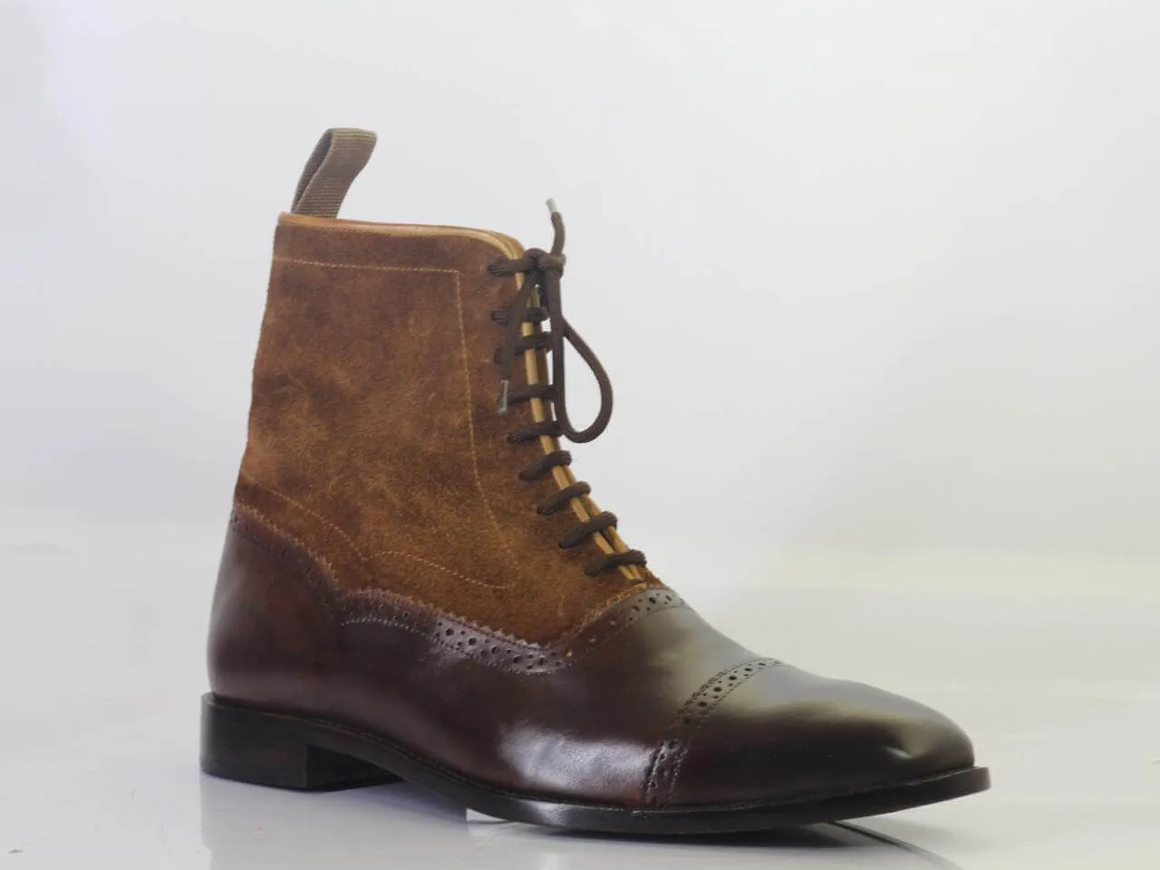 Handmade Men's Ankle High Brown Cap Toe Boots, Men Leather Suede Lace Up Boots