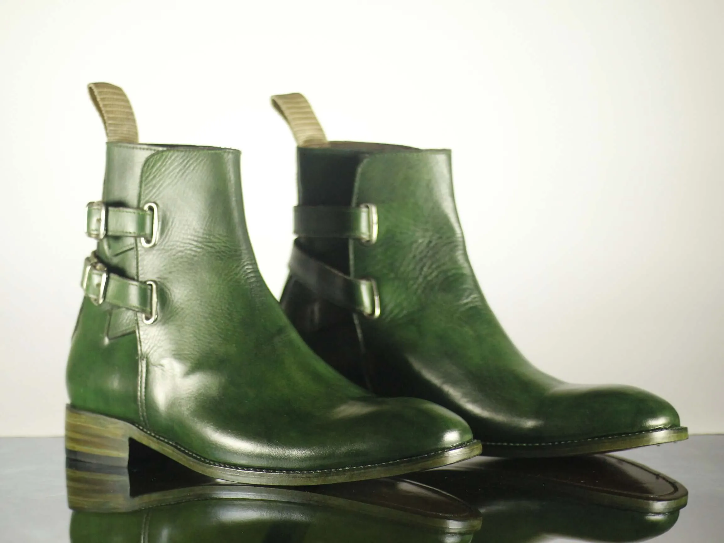 Handmade Men's Green Leather Jodhpurs Double Monk Strap Boots, Men Ankle Boots, Men Designer Boots