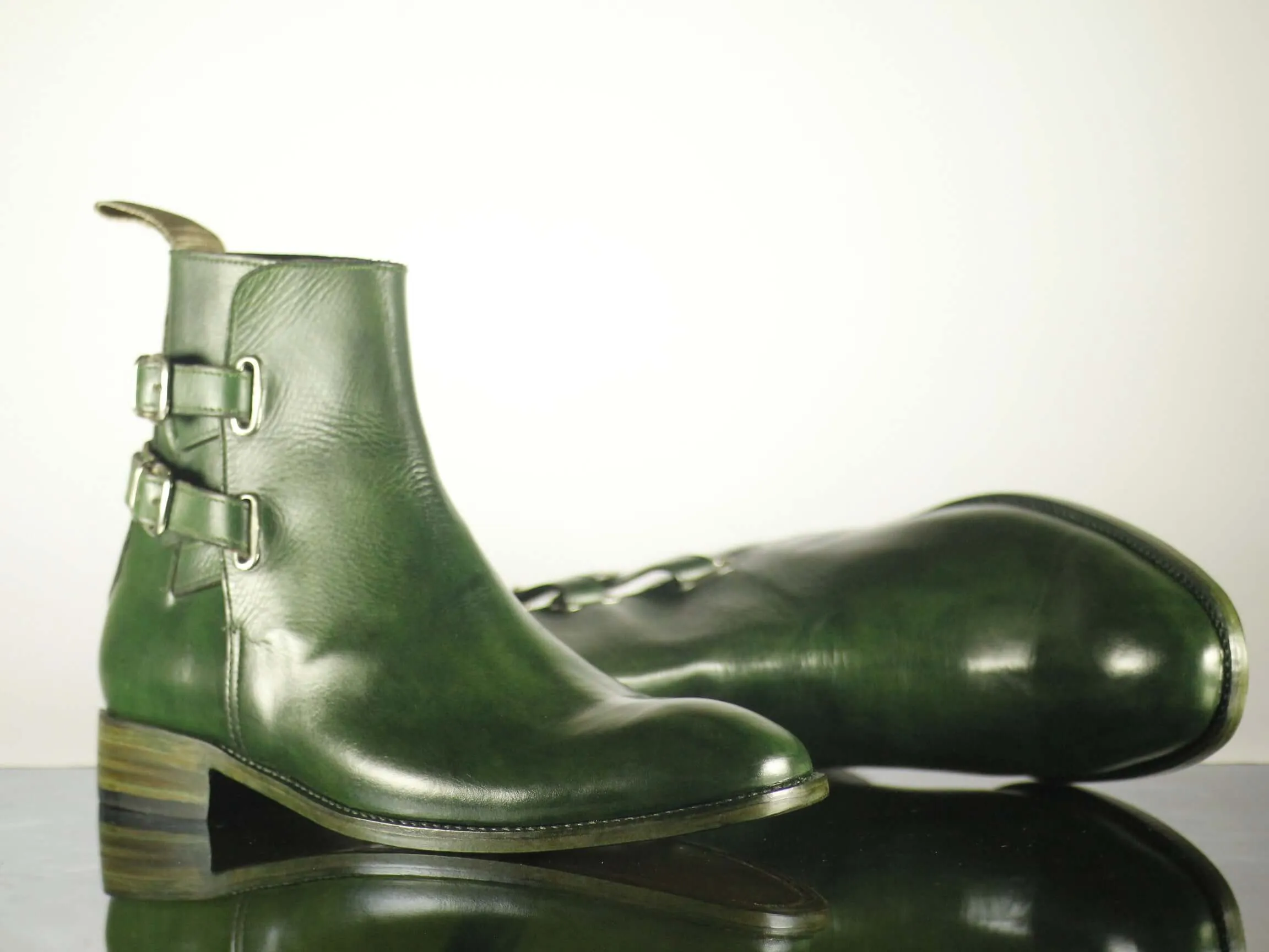 Handmade Men's Green Leather Jodhpurs Double Monk Strap Boots, Men Ankle Boots, Men Designer Boots