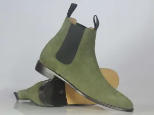 Handmade Men's Green Suede Ankle High Chelsea boots, Men Designer Formal Boots