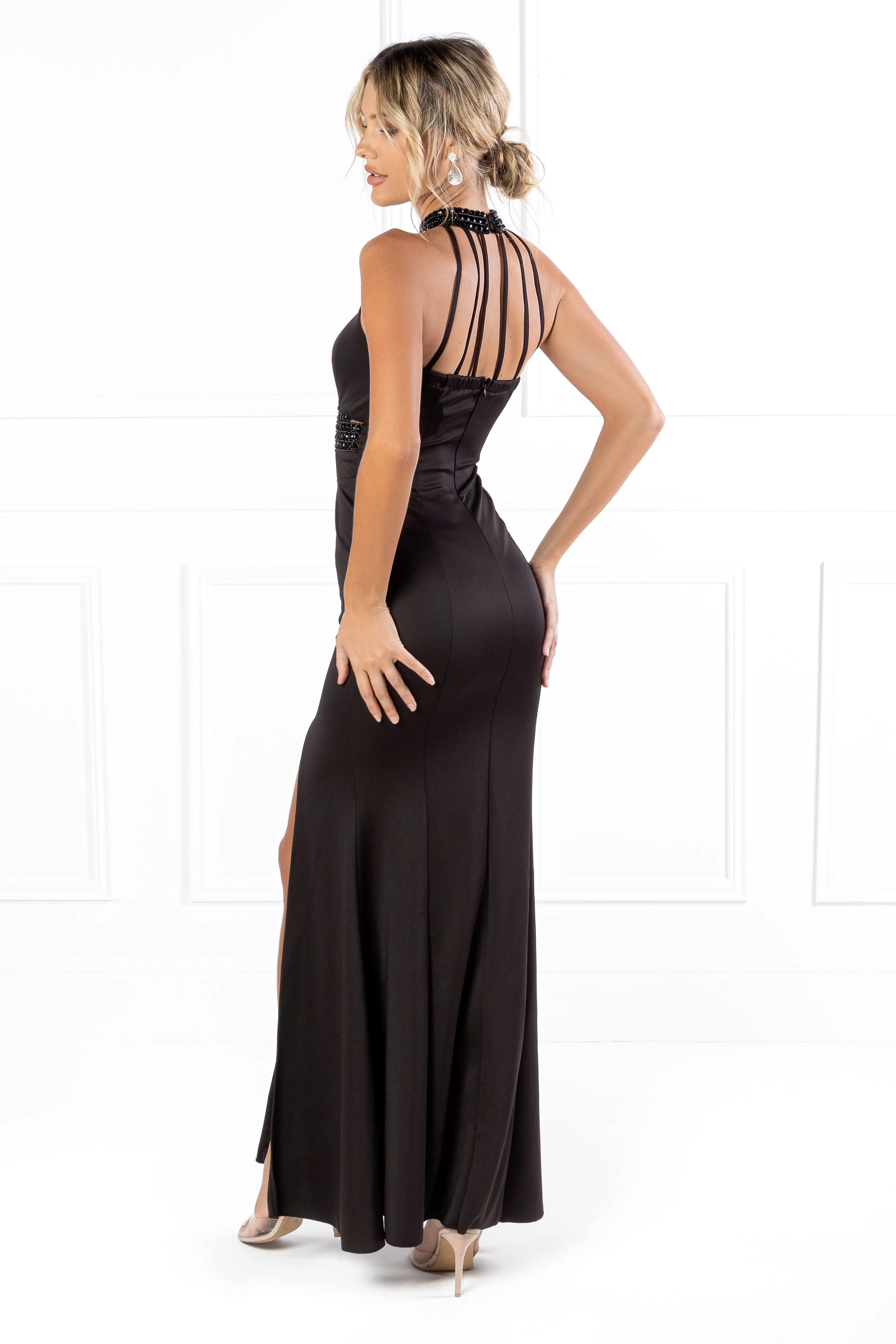 Honey Couture VALERIA Black Beaded Halter Formal Gown