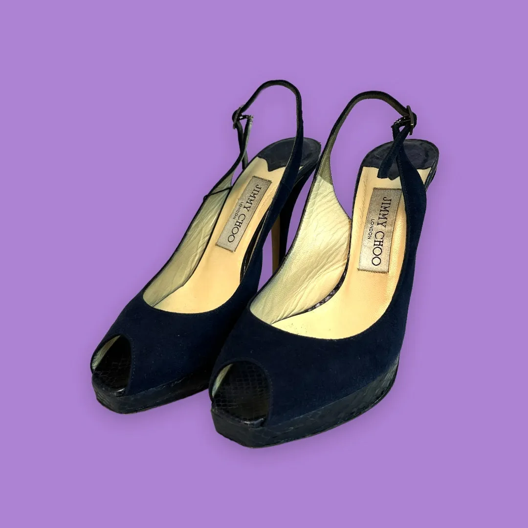 JIMMY CHOO Blue Suede Open Toe High Heels (PREOWNED)