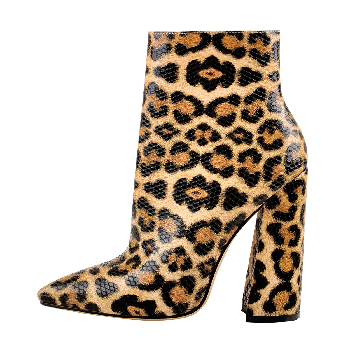 Leopard Pointed Toe High Heels Chunky Block Ankle Booties