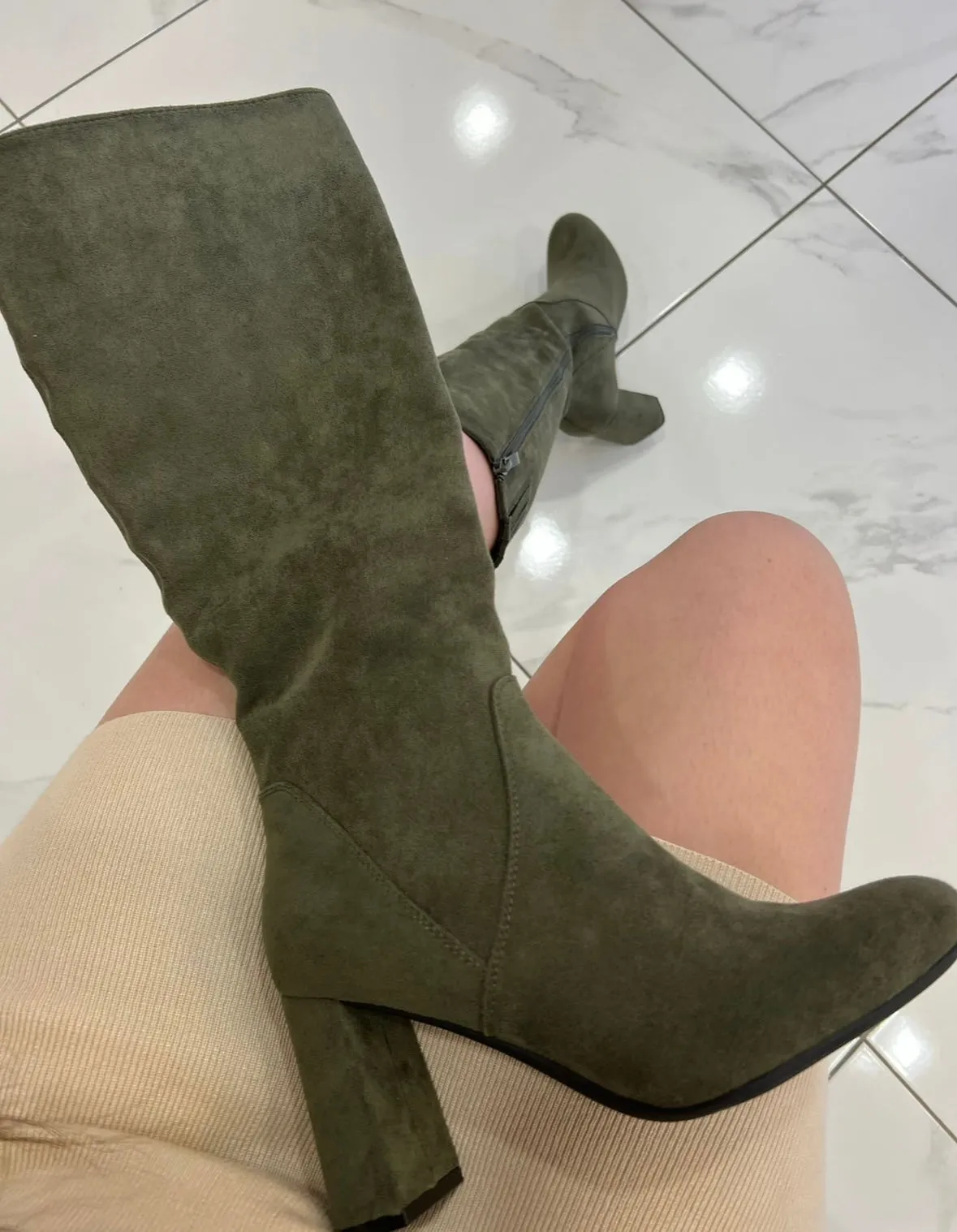 Lianna Khaki Block Heel Knee Boots