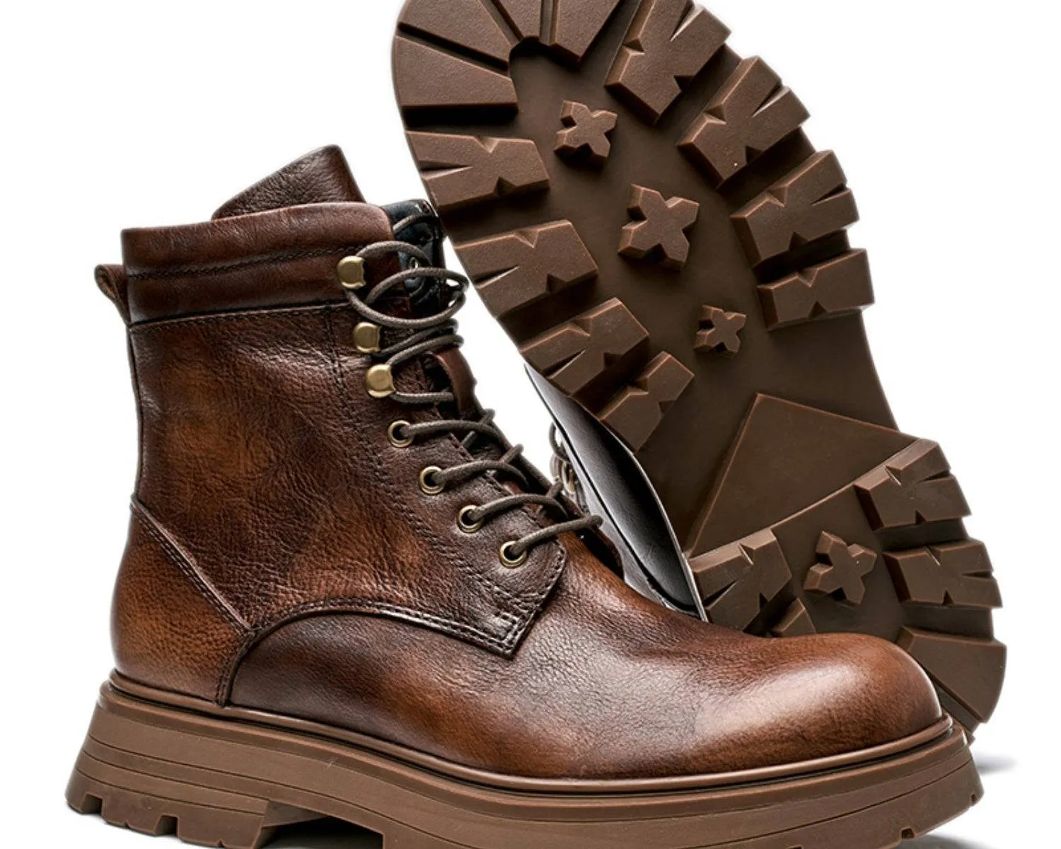 Men's Leather Work Boots - Weatherproof, Lace-Up, Lug Sole