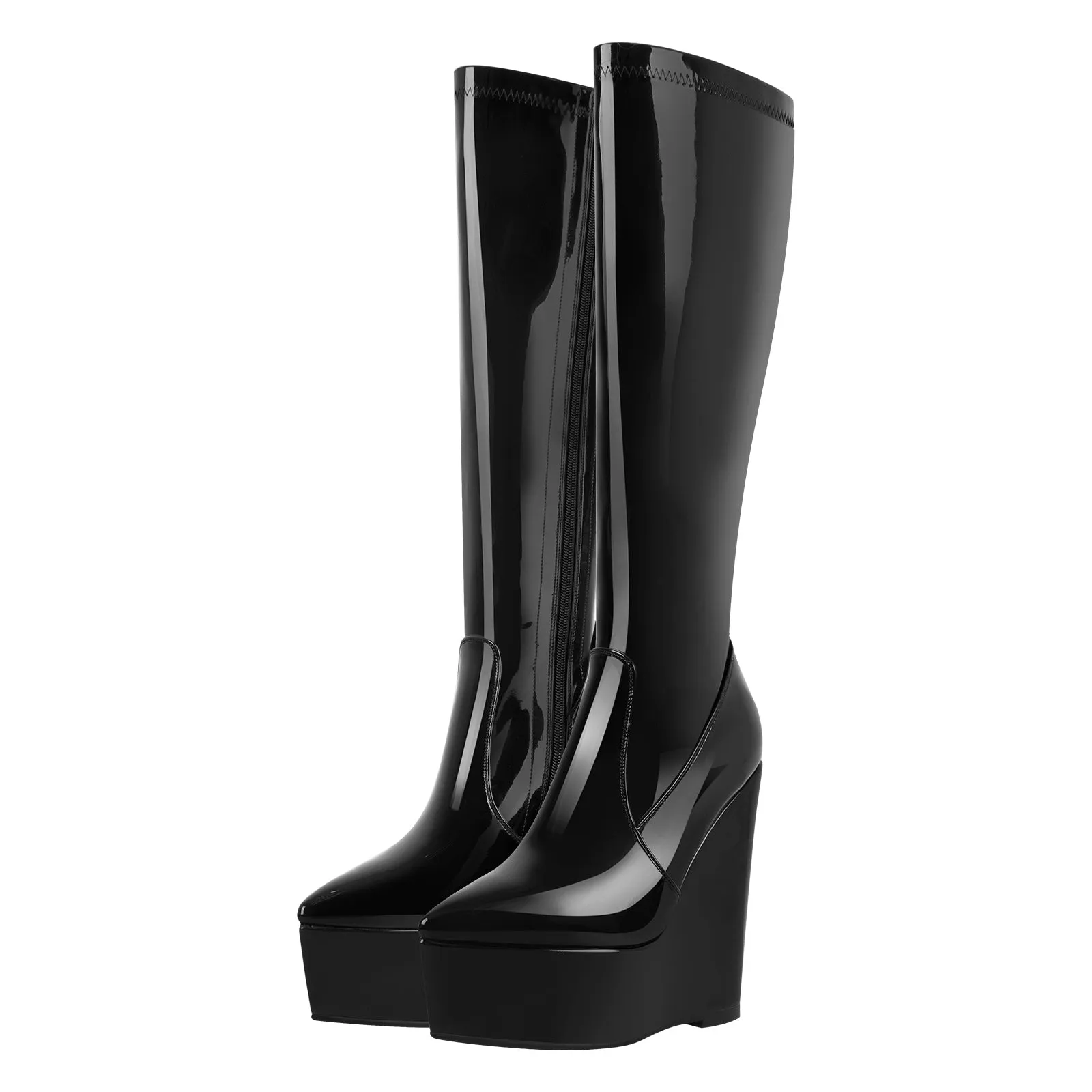 Pointed Toe Wedge Heel Zipper Knee High Boots