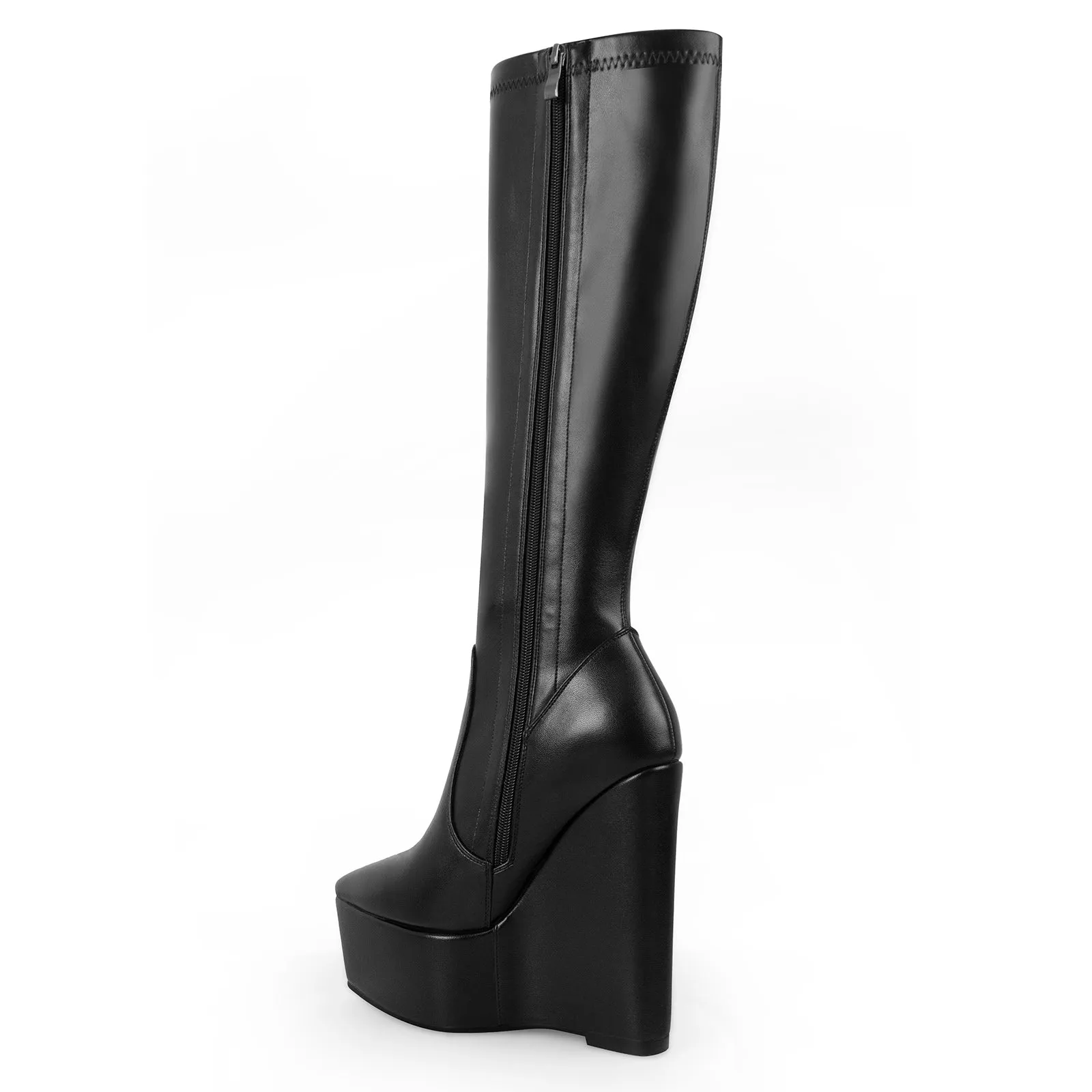 Pointed Toe Wedge Heel Zipper Knee High Boots