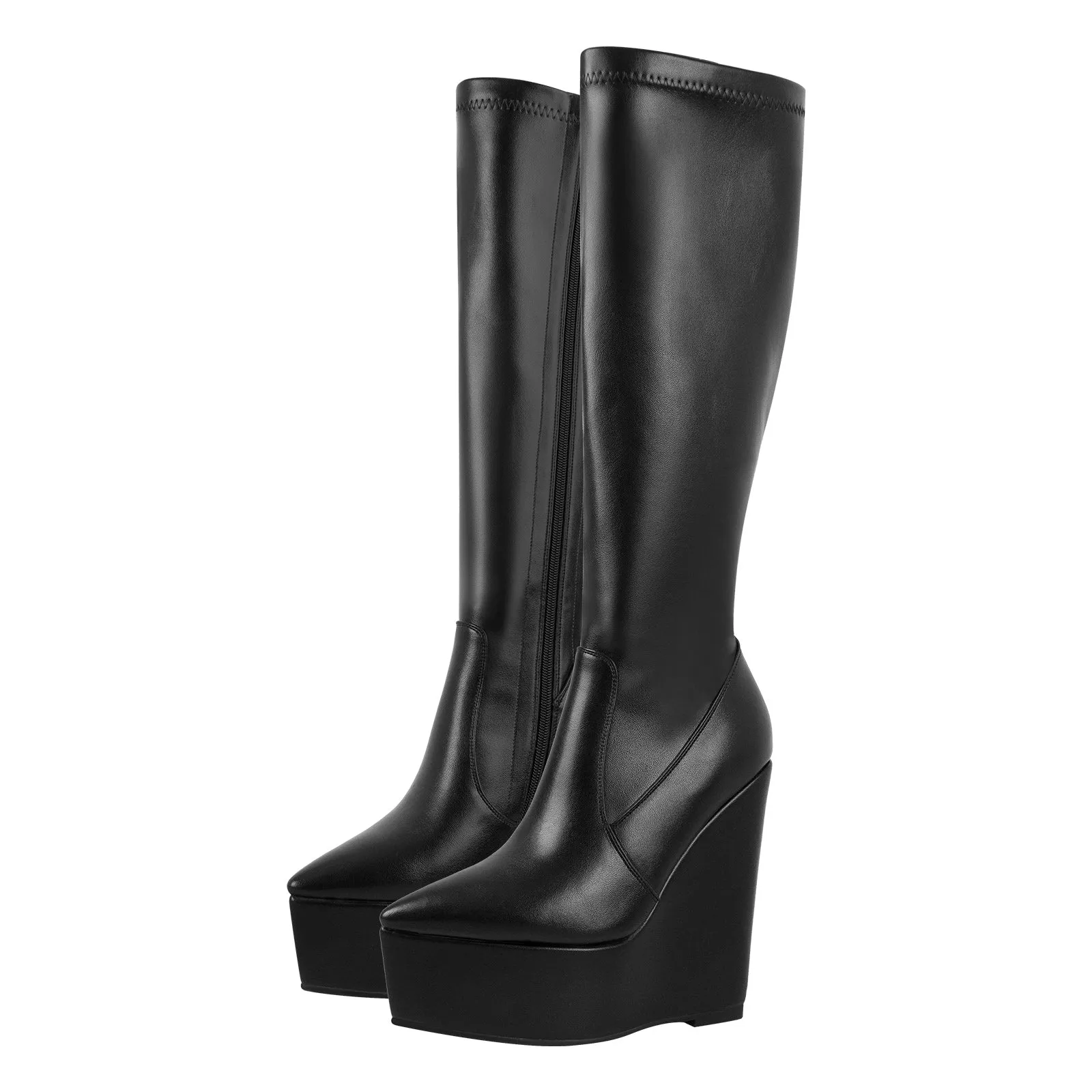 Pointed Toe Wedge Heel Zipper Knee High Boots