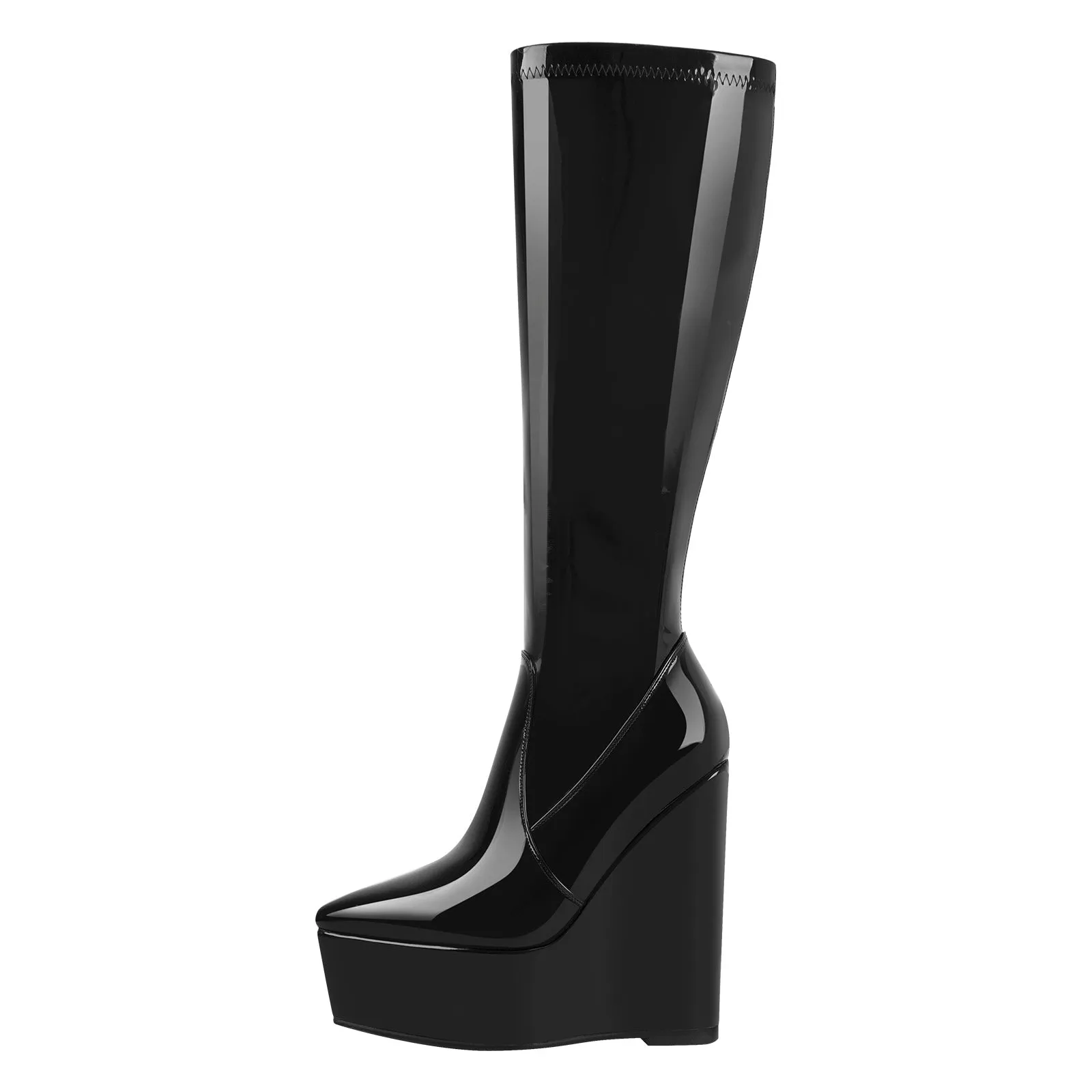 Pointed Toe Wedge Heel Zipper Knee High Boots