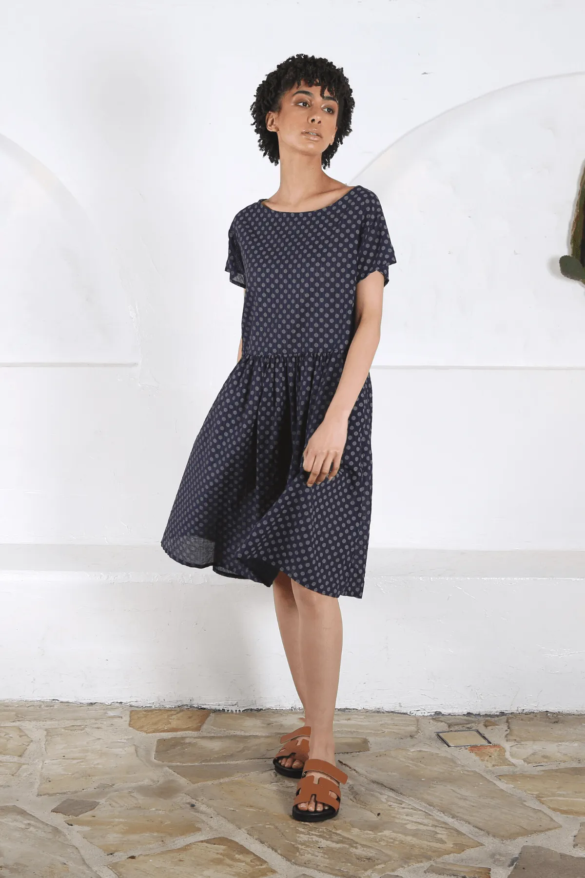 Polka Dot Drop Waist Dress Navy in Seersucker