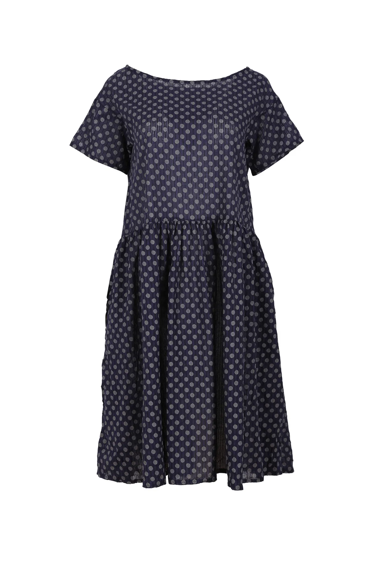 Polka Dot Drop Waist Dress Navy in Seersucker