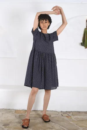 Polka Dot Drop Waist Dress Navy in Seersucker