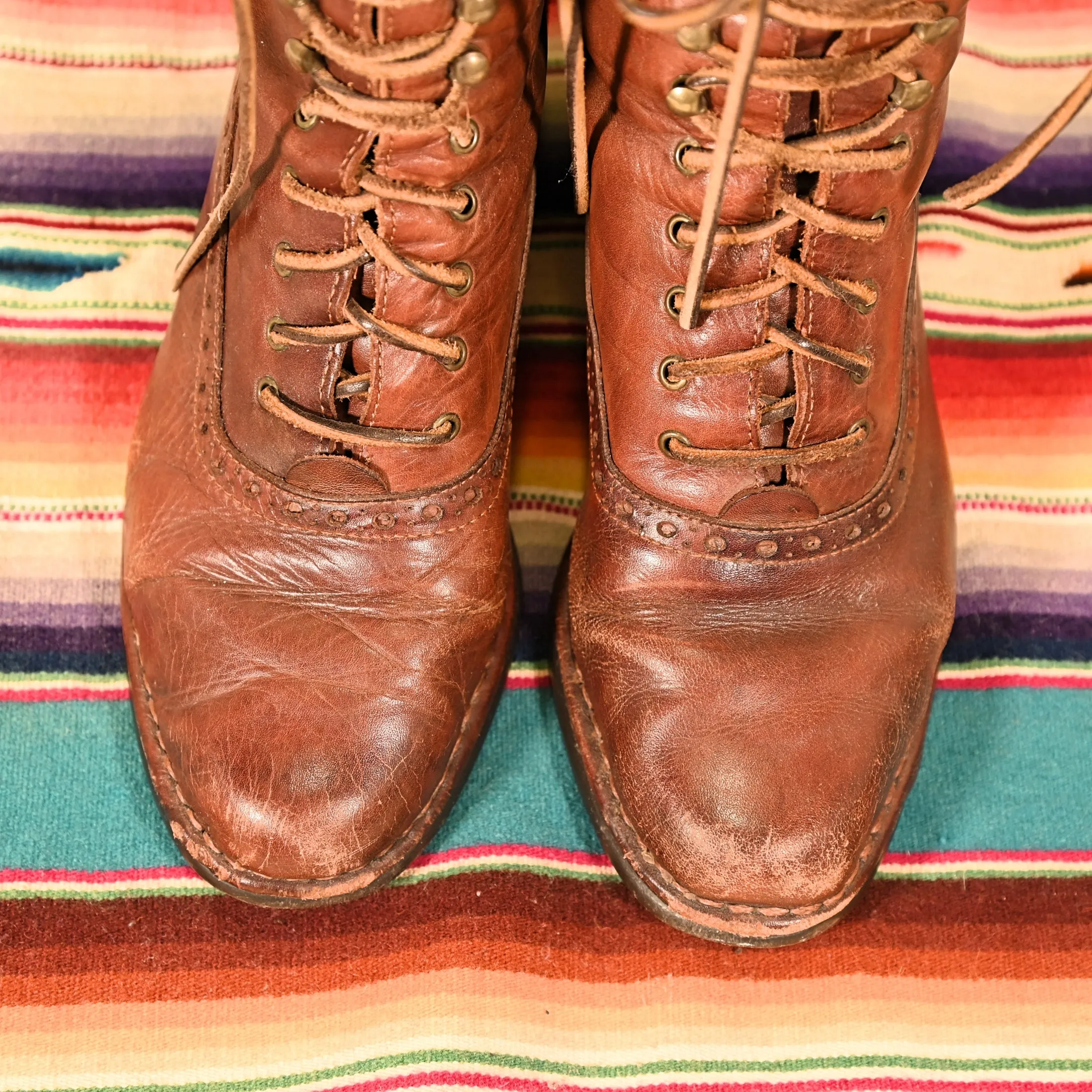 SOLD Vintage 70s Brown Leather Granny Lace Up Boots, Victorian Revival Well Worn Boots, Pikolinos SZ 8