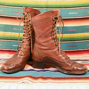 SOLD Vintage 70s Brown Leather Granny Lace Up Boots, Victorian Revival Well Worn Boots, Pikolinos SZ 8