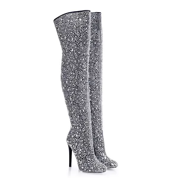 VCshoes Ladies Pointed Toe Over The Knee Boots Diamond Boots Rhinestone Decorative Boots Stiletto Street Style Punk Pleated Boots