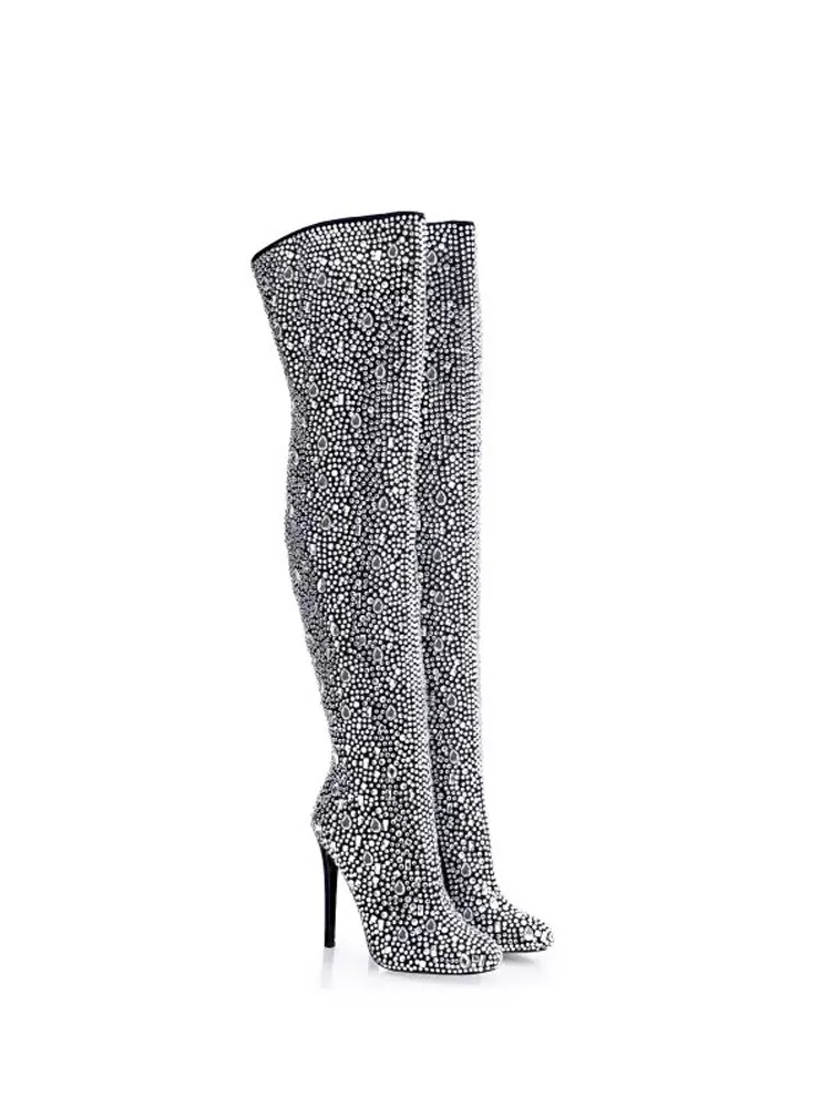 VCshoes Ladies Pointed Toe Over The Knee Boots Diamond Boots Rhinestone Decorative Boots Stiletto Street Style Punk Pleated Boots