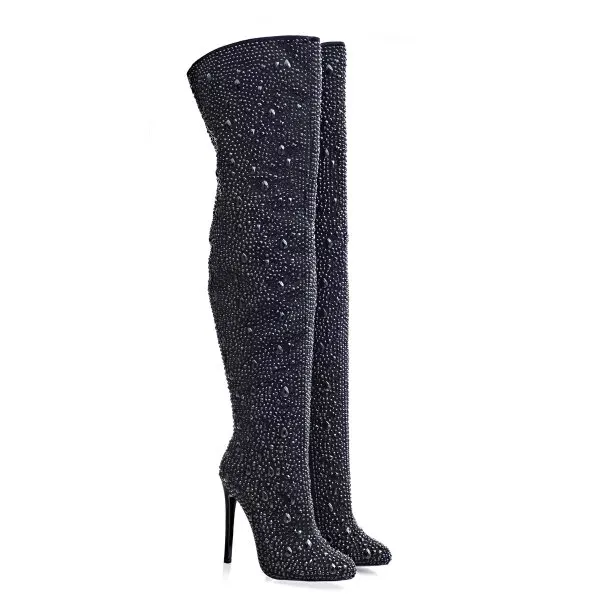 VCshoes Ladies Pointed Toe Over The Knee Boots Diamond Boots Rhinestone Decorative Boots Stiletto Street Style Punk Pleated Boots